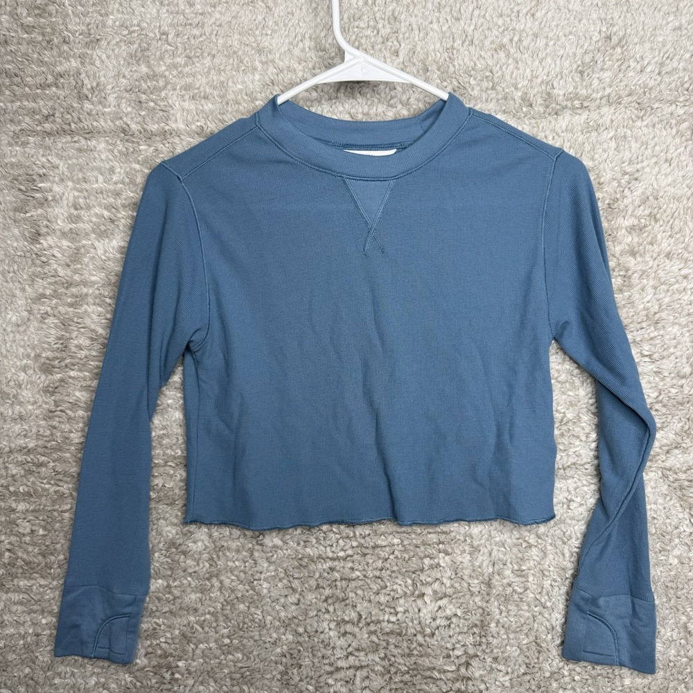 Athleta Girl Long Sleeve Girls Size 7‎ Blue Ribbed Cropped Top Shirt Thumbholes